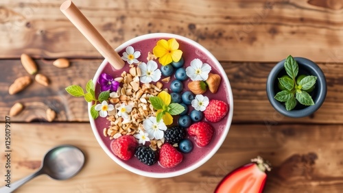 Fresh Smoothie Bowl with Berries and Granola Toppings