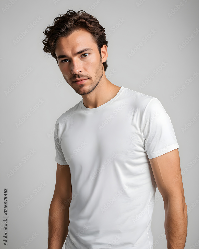 Fototapeta premium A man wearing a white t-shirt poses for a picture.