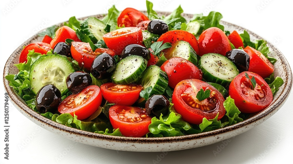 Fresh garden salad with tomatoes, cucumbers, olives, and lettuce on a rustic plate Fresh garden salad with tomatoes, cucumbers, olives, and lettuce on a rustic plate