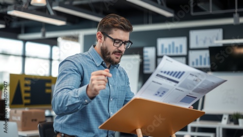 Businessman Reviewing Reports in Modern Office Setting