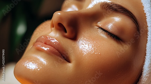 Relaxing and rejuvenating spa treatment for a woman with a glowing skin mask and serene expression : Generative AI