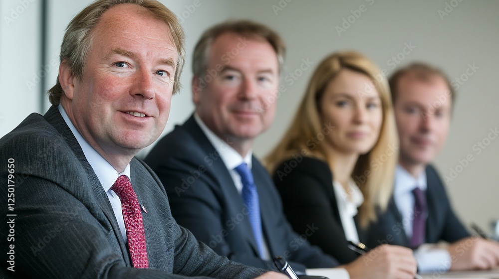 Four business professionals sit at a table, looking directly at the camera. Four business professionals sit at a table, looking directly at the camera.