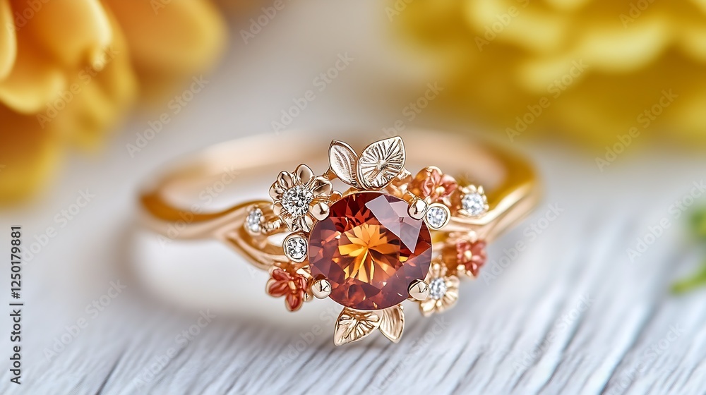 Fototapeta premium Beautifully designed golden ring with a stunning orange gemstone surrounded by flowers : Generative AI