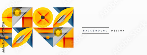 Geometric abstract composition with intersecting shapes, circles, triangles, and gradients, blending vibrant colors and dynamic contrasts to create a modern, futuristic visual design