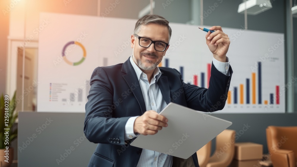 Confident Businessman Presenting Ideas in Office Setting Confident Businessman Presenting Ideas in Office Setting