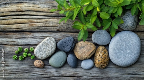 Wallpaper Mural Arrangement of Smooth Stones and Green Foliage on a Weathered Wooden Surface for Tranquil Natural Decor and Mindfulness Inspiration Torontodigital.ca