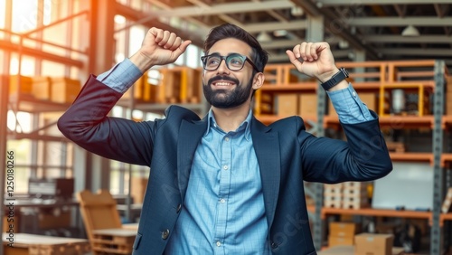 Happy Businessman Celebrating Achievement in Office Space