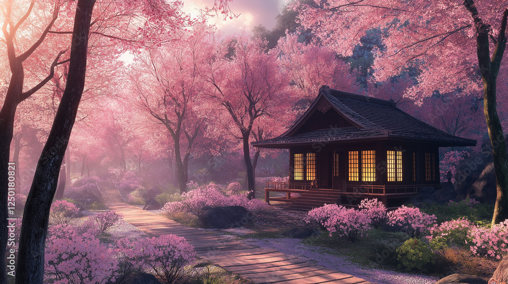 house in the woods at the Sakura blossom moment house in the woods at the Sakura blossom moment
