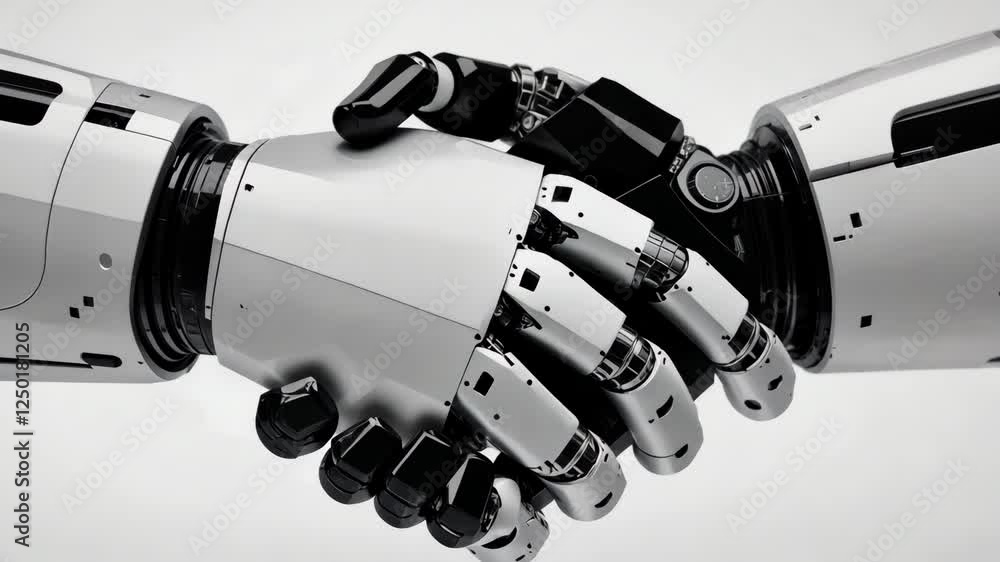 Two robotic hands shake in a symbolic gesture of partnership and collaboration in a modern technological environment Two robotic hands shake in a symbolic gesture of partnership and collaboration in a modern technological environment