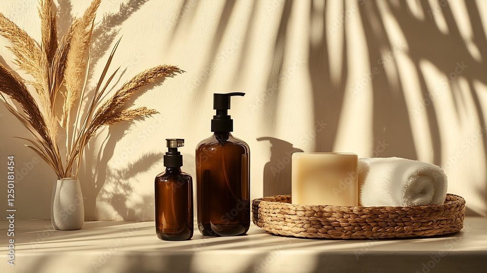 Elegant amber glass bottles with skincare products on a stylish tray beside decorative elements : Generative AI Elegant amber glass bottles with skincare products on a stylish tray beside decorative elements : Generative AI