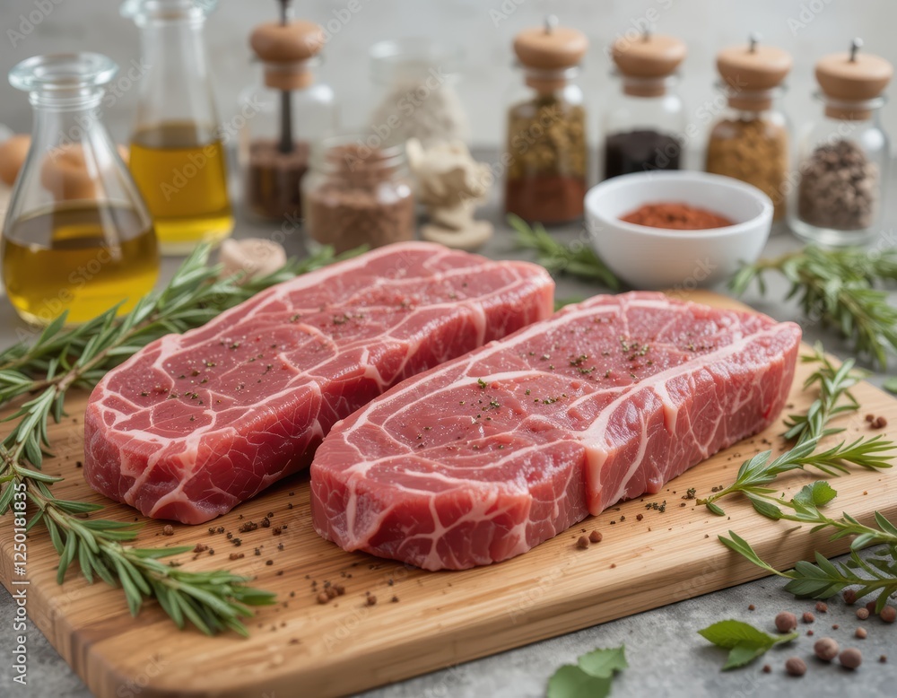 Two Raw Beef Steaks Seasoned with Herbs on Wooden Cutting Board Two Raw Beef Steaks Seasoned with Herbs on Wooden Cutting Board