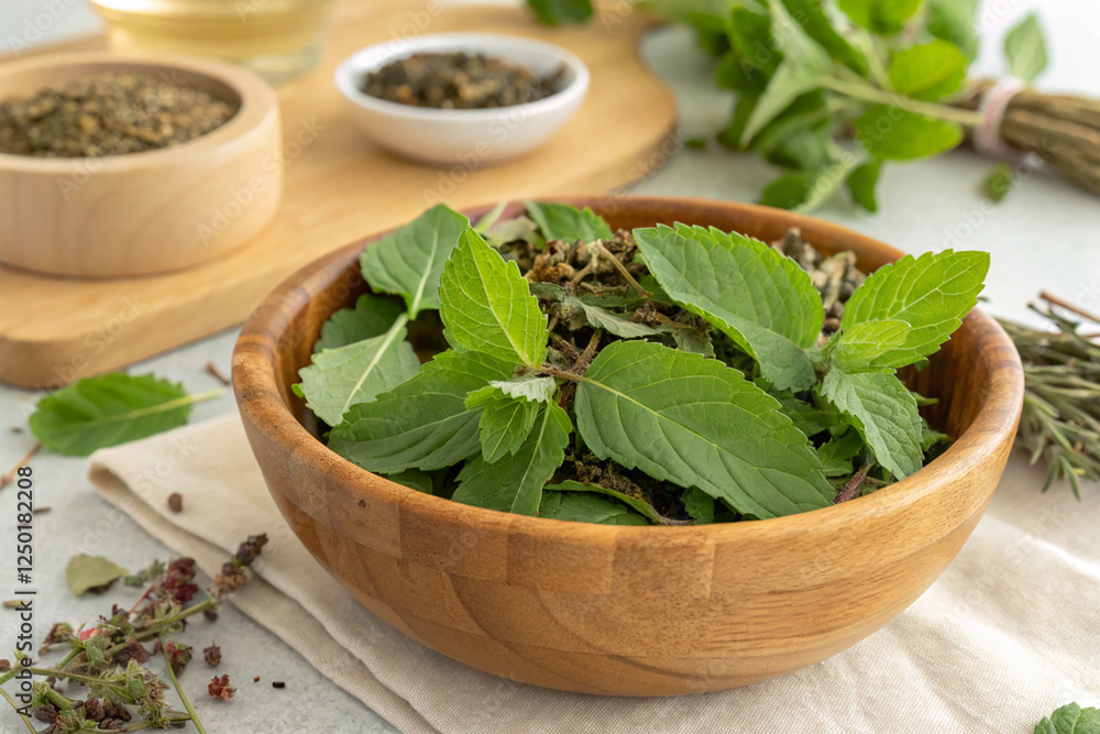 Tulsi tea mix with green leaves Tulsi tea mix with green leaves