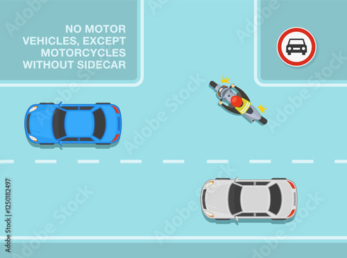 Safe driving tips and traffic regulation rules. No motor vehicles, except motorcycles without sidecar. Top view of a t-junction with traffic flow. Flat vector illustration template.