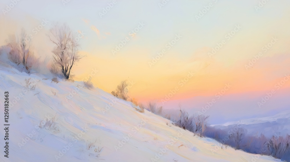 Snowy Hill At Sunrise Pastel Winter Landscape Snowy Hill At Sunrise Pastel Winter Landscape