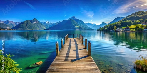 Scenic Wooden Jetty at Lake Lucerne in Vitznau, Switzerland - Serene Nature Escape, Tranquil Waters, Mountain Views, Travel Destination, Outdoor Adventure, Summer Landscape