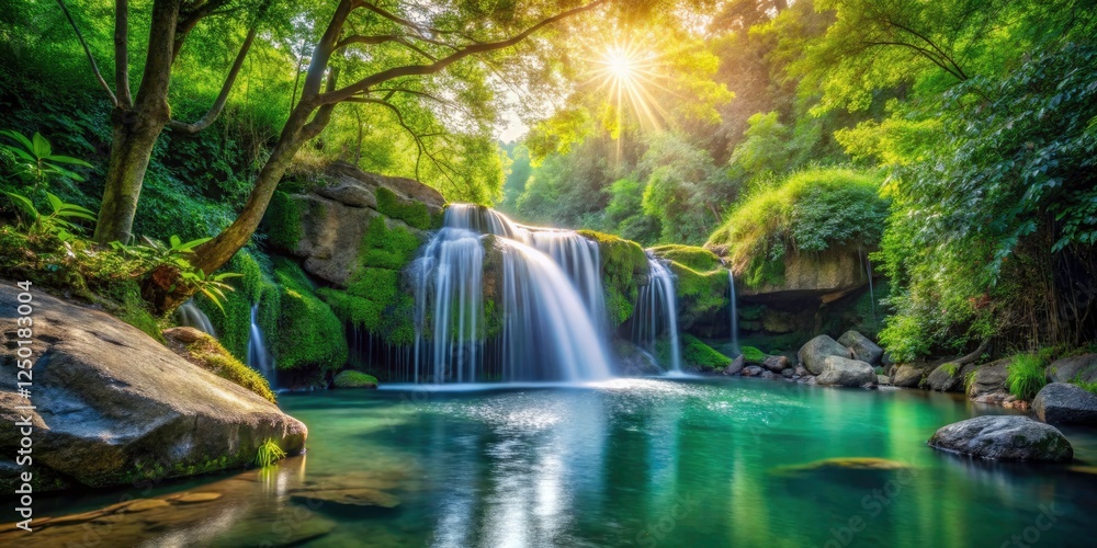 Fototapeta premium Serene Fount in Nature's Embrace - Tranquil Water Flowing from Beautiful Spring Surrounded by Lush Greenery, Perfect for Relaxation and Reflection in a Candid Photography Style