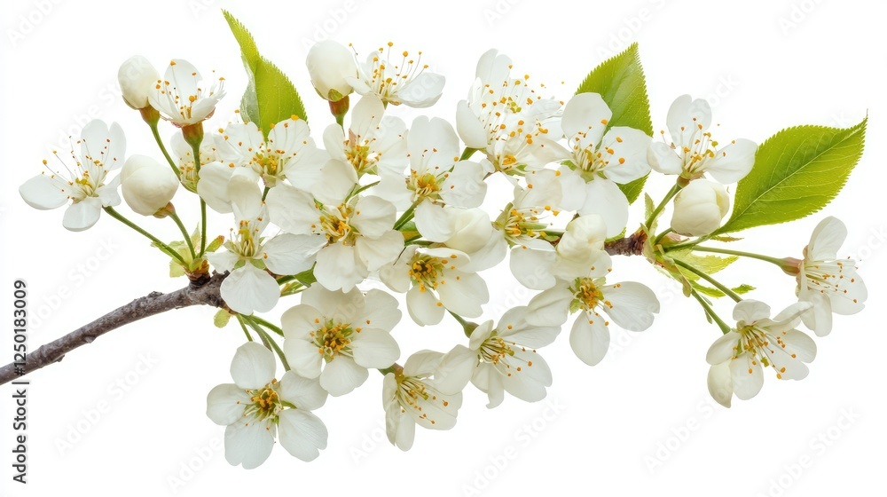 Fototapeta premium Stunning Close-Up of White Cherry Blossom Flowers on a Branch with Fresh Green Leaves Capturing the Beauty of Spring in a Bright and Vibrant Way