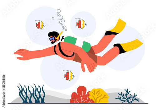 Diving Sport Vector Illustration Featuring Underwater Swimming Equipment for Exploring Coral Reefs, Sea Flora and Fauna, and Marine Life in the Ocean