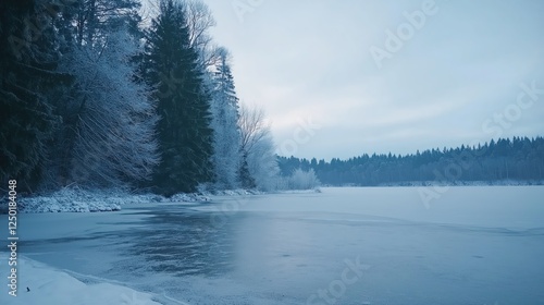 Frozen Lake Winter Scenery Snowy Forest Calm photo