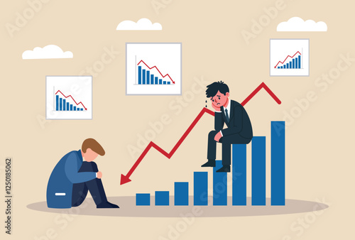 Financial crisis illustration depicting stressed businessman with declining stock charts and a downward arrow. Economic recession, business loss, market crash, investment failure, bankruptcy concept.