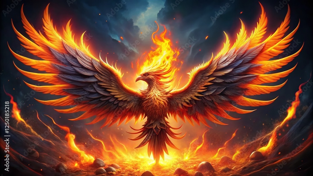 Fototapeta premium Fiery Phoenix Rebirth: Majestic Bird of Fire and Glory Stock Photo