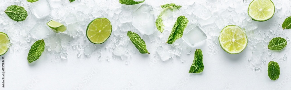 Limes, mint, and ice cubes on white background. Limes, mint, and ice cubes on white background.