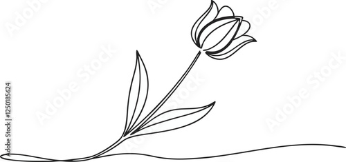 Mono Line Flower Drawing – Continuous Line Tulip Icon on White Background. Minimalist Black Line Art for Web Banners, Logos, and Decorative Designs. Simple, Elegant Floral Illustration with Modern 