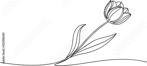 Mono Line Flower Drawing – Continuous Line Tulip Icon on White Background. Minimalist Black Line Art for Web Banners, Logos, and Decorative Designs. Simple, Elegant Floral Illustration with Modern 