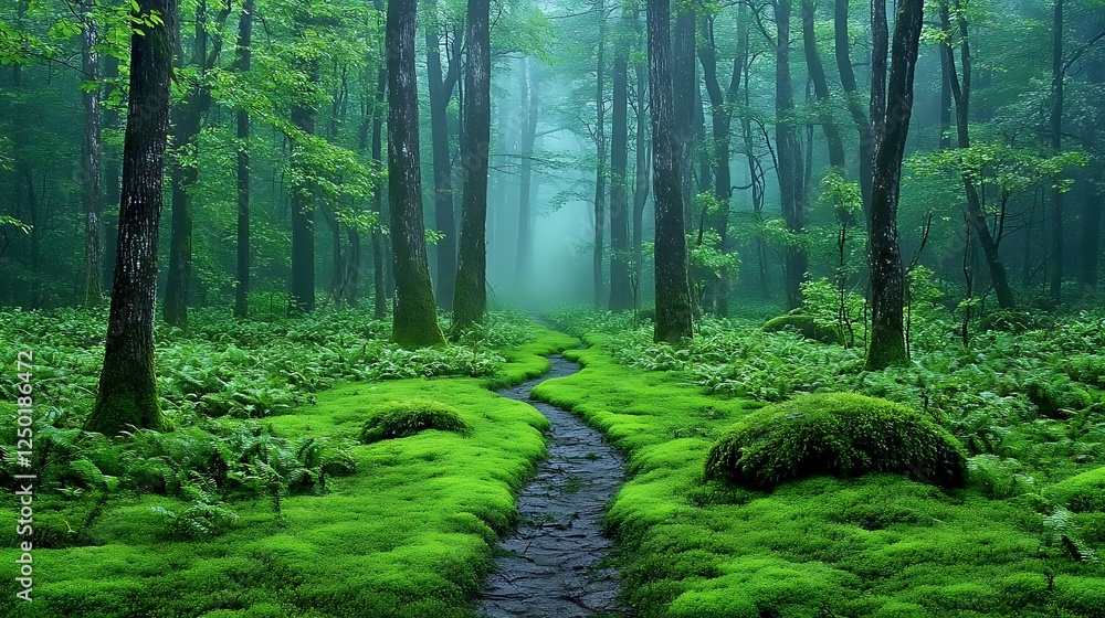 Fototapeta premium Misty Forest Path: A Springtime Nature Photograph AI Generated