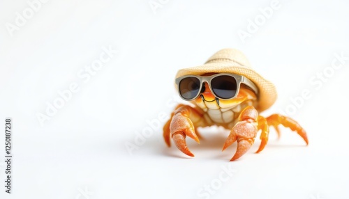 Tiny Hermit Crab in Stylish Beach Hat and Sunglasses Relaxing