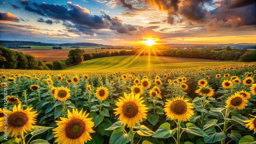 Fototapeta premium Sunset Sunflowers Aerial View: Golden Hour Field Photography