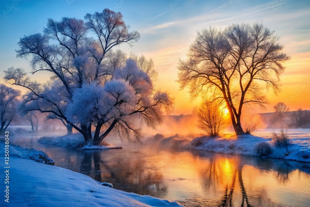 Frosty Winter Riverbank: Silhouette Trees & Sparkling Frost Frosty Winter Riverbank: Silhouette Trees & Sparkling Frost