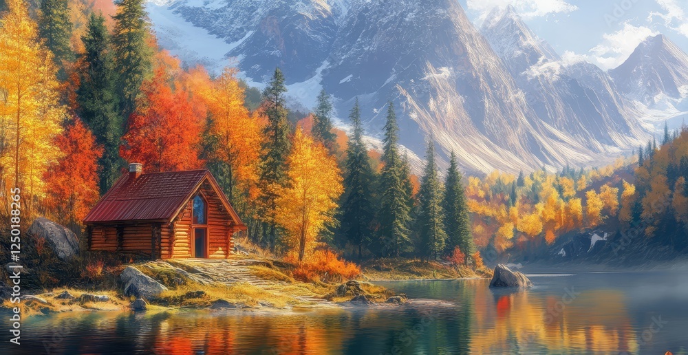 Fototapeta premium Autumn cabin by a lake, mountain backdrop