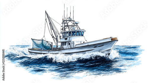 A powerful fishing trawler cuts through the ocean waves, its net partially visible.  A dynamic illustration capturing the energy of commercial fishing.