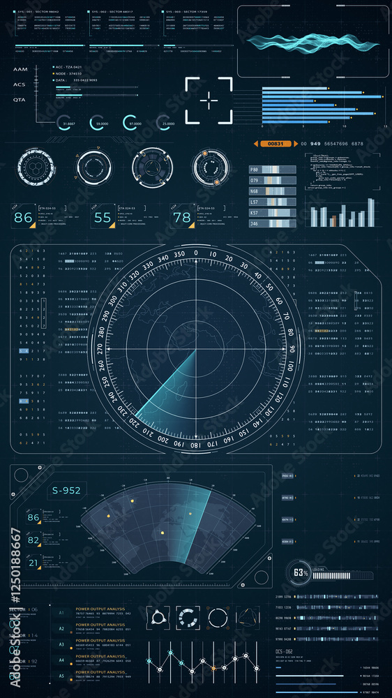 Blue color sonar radar screen searching an object with futuristic head up display (HUD UI) technology interface screen and chat panel abstract background vertical Blue color sonar radar screen searching an object with futuristic head up display (HUD UI) technology interface screen and chat panel abstract background vertical
