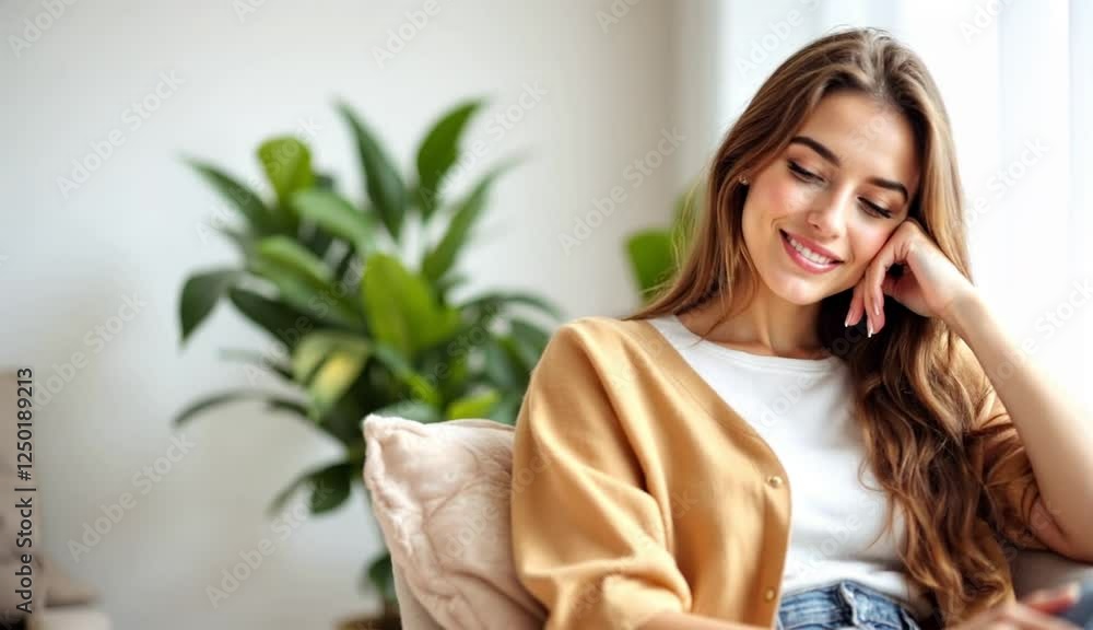 Happy young woman smiling, sitting on a comfortable chair near window. Happy young woman smiling, sitting on a comfortable chair near window.