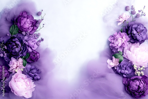 A purple flower arrangement with a white background. The flowers are purple and pink, and they are arranged in a way that creates a sense of movement and flow. Scene is one of tranquility and beauty