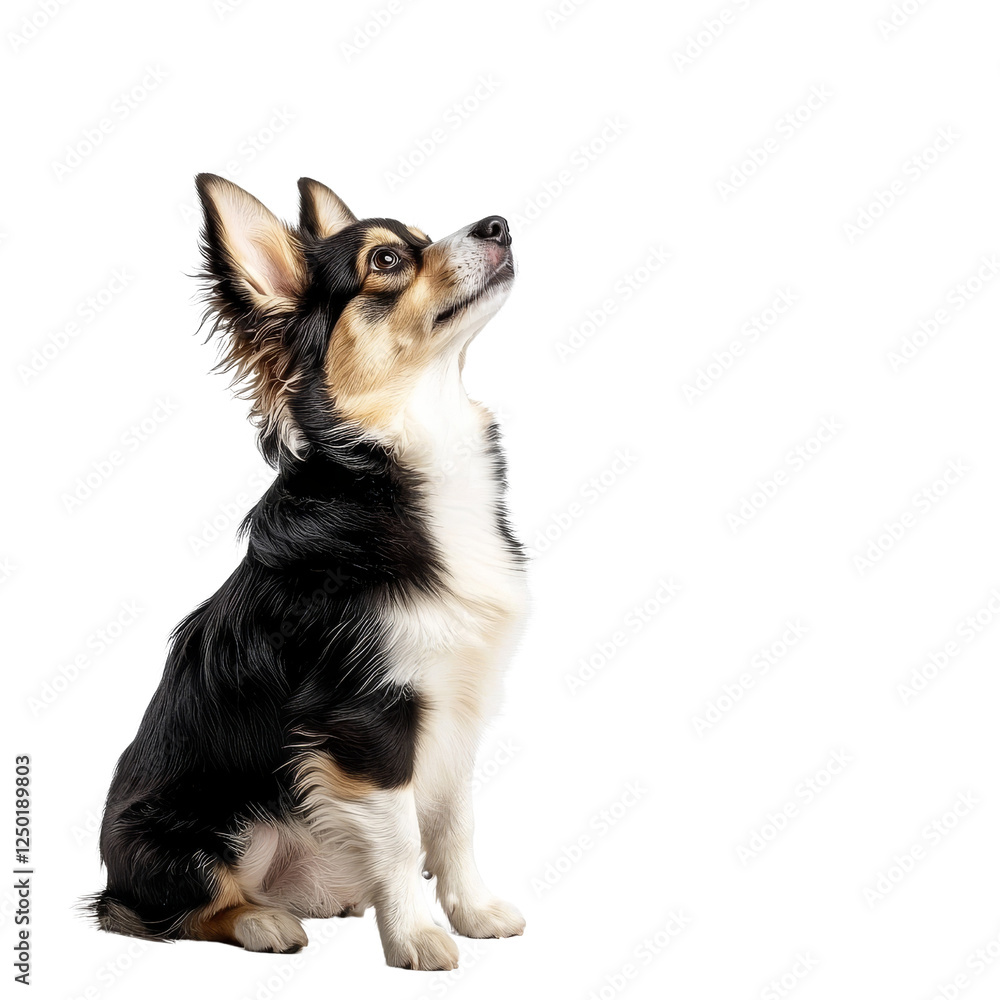 Charming black and tan dog sitting gracefully, looking up with curiosity and alertness. This adorable pet exudes playful and friendly demeanor Charming black and tan dog sitting gracefully, looking up with curiosity and alertness. This adorable pet exudes playful and friendly demeanor