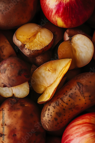 A close-up view of assorted potatoes and apples, showcasing their unique textures and colors, perfect for emphasizing the beauty of fresh produce and healthy eating. photo