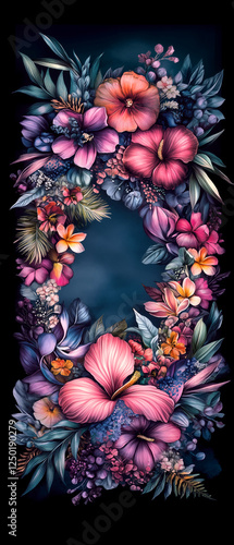A colorful floral arrangement with pink and blue flowers. The flowers are arranged in a spiral pattern. The image has a vibrant and cheerful mood