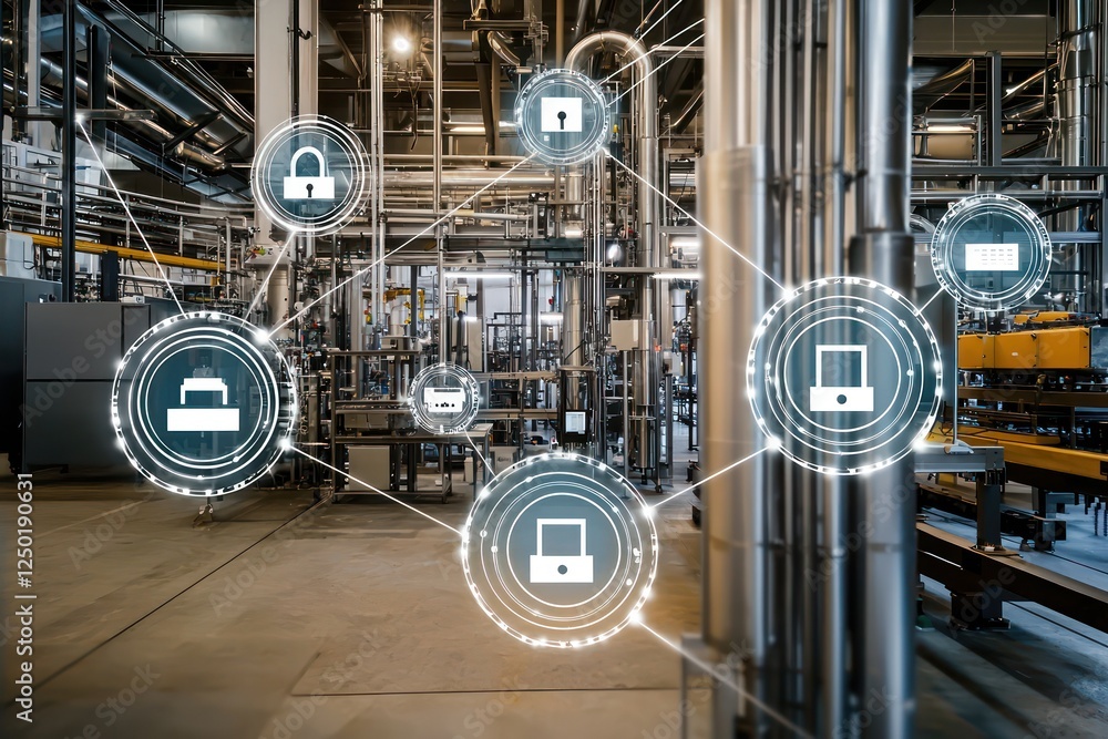 Fototapeta premium Manufacturing unit with IoT sensors secured by mesh network architecture.