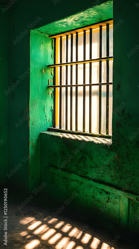 Obraz premium Green cell window bars sunlight shadows prison