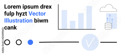 Bar graph chart, cloud storage, text snippets, and verification checkmark. Ideal for data analysis, cloud computing, business strategy, report generation, digital security information technology