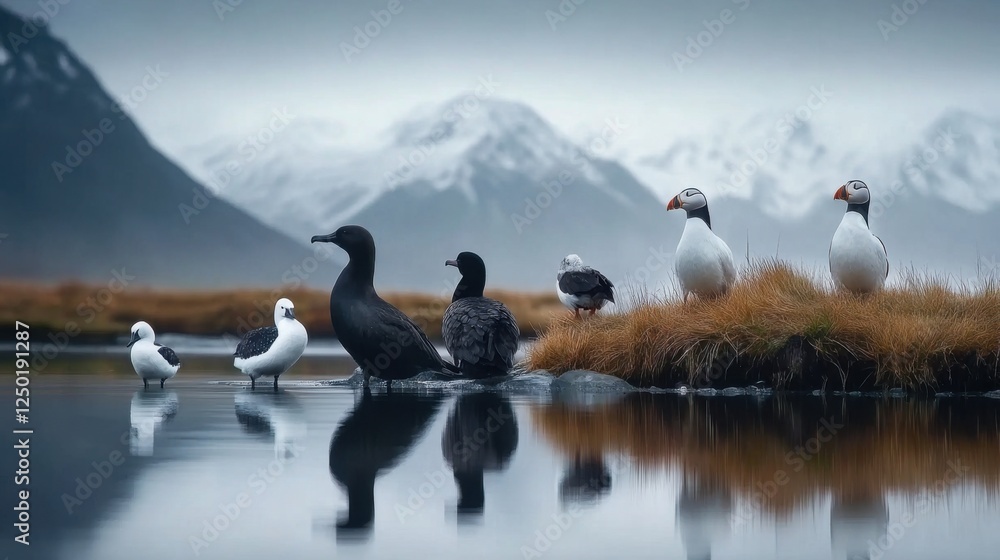 Fototapeta premium Diverse Bird Species Gather by Serene Mountain Lake in Nature