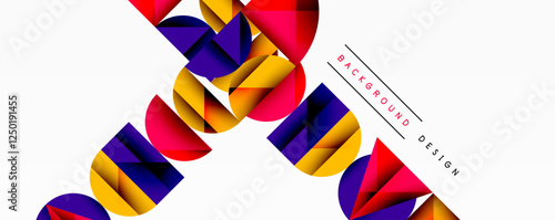 Abstract geometric background with layered gradient shapes forming dynamic patterns. Overlapping semi circles and triangles create depth and contrast