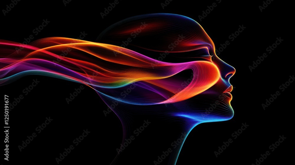 Abstract representation of a woman's profile with flowing colors symbolizing creativity and emotion. Abstract representation of a woman's profile with flowing colors symbolizing creativity and emotion.