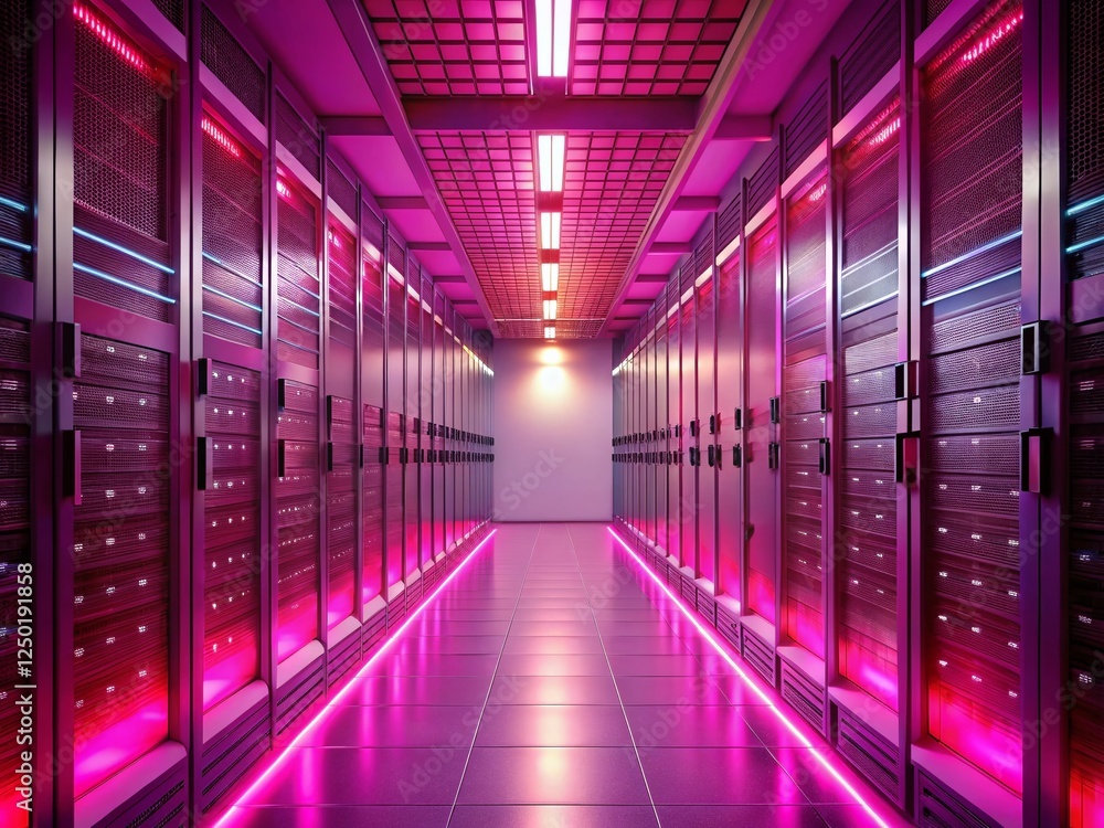 Fototapeta premium Glowing Pink Server Room Corridor: Technology Data Center Interior Stock Photo