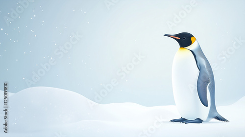 Gradient banner for World Penguin Day with illustration of Emperor penguin standing on ice, light blue to white gradient background, Ai generated images photo