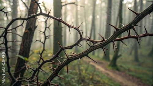Close-up of thorny branches with sharp thorns and twisted stems in soft natural lighting with blurred forest background
