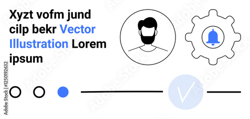 User profile setup with avatar, settings gear, and progress indicators. Ideal for web interfaces, user onboarding, profile customization, app settings, visual progress, hierarchy and notifications